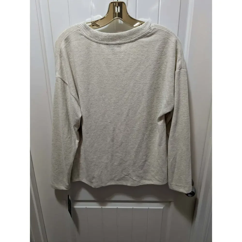 NEW! Democracy V-Neck Knot Hem Long-Sleeve Top Cream Size S Beaded Sequins